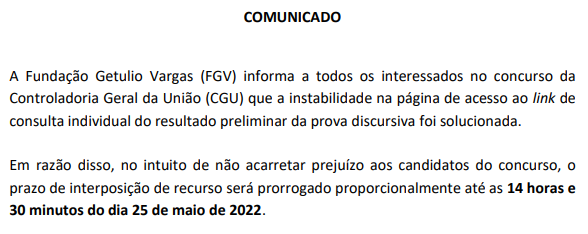 Comunicado da FGV acerca da prorrogação do prazo para interposição de recursos do concurso CGU