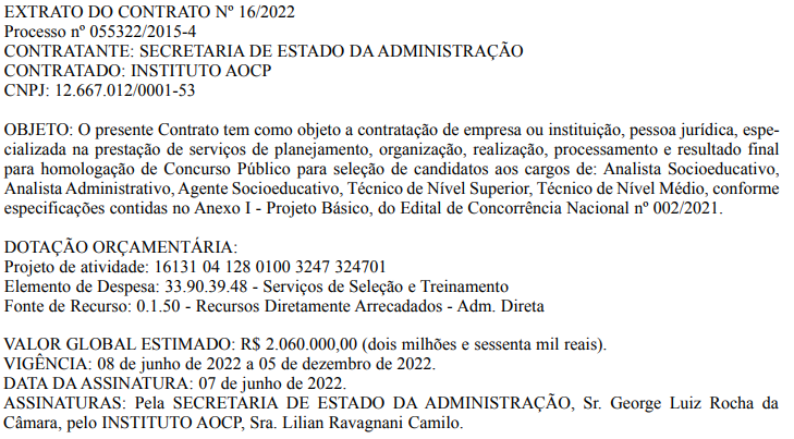 Extrato de contrato que define o Instituto AOCP como banca do concurso Fundase RN