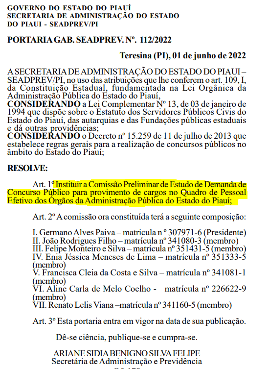 Concurso SEADPREV PI comissão