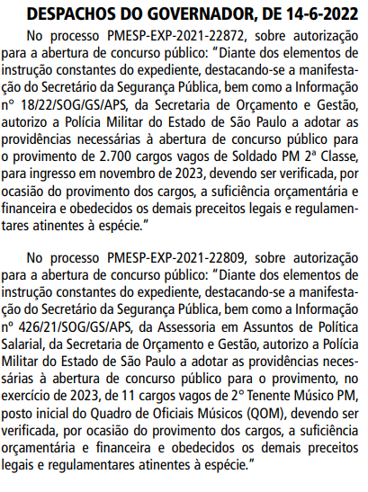 Documento que concede novas autorizações para 2.711 vagas em novo Concurso PM SP - Músico.