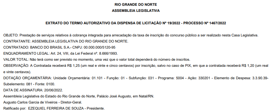 Banco do Brasil é contratado para receber os pagamento da taxa de inscrição do concurso AL RN