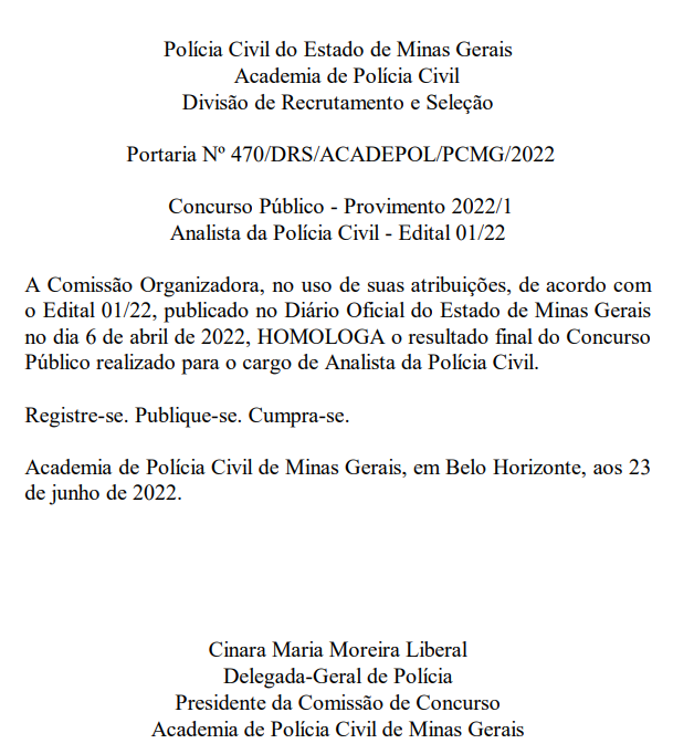 Concurso PC MG Administrativo é homologado