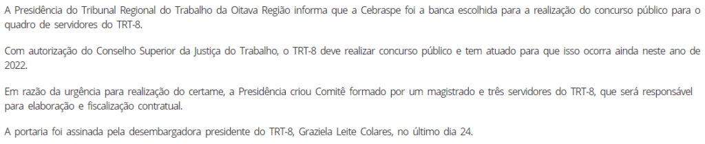 Cebraspe é a banca do novo concurso do TRT 8