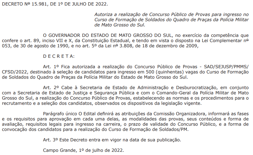 Autorização do concurso PM MS para Soldado