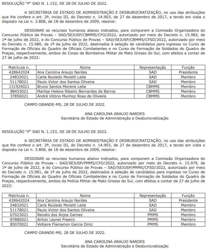 Comissões formadas para os concursos PM e CBM MS