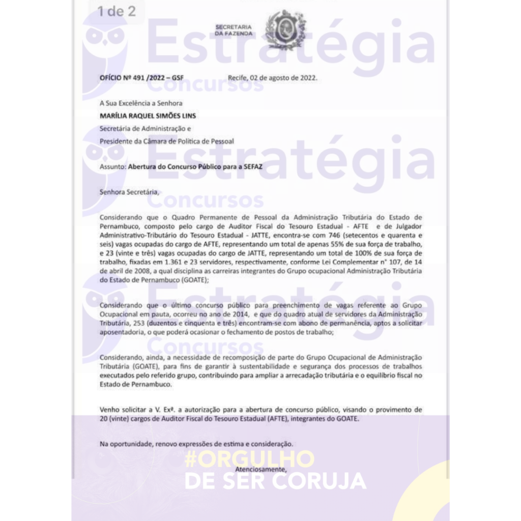 Concurso SEFAZ PE: solicitação de 20 vagas para Auditor Fiscal