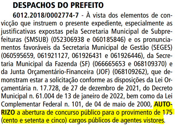 Divulgada autorização para provimento de vagas no concurso Prefeitura de SP