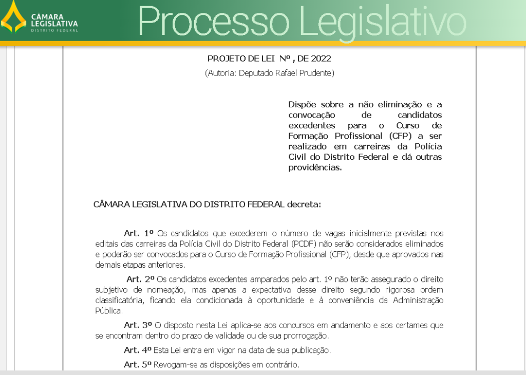 PL prevê nomeações de excedentes do concurso PC DF. Imagem: Câmara Legislativa do DF.