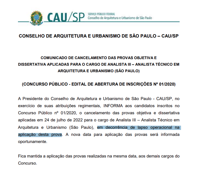 Concurso CAU SP- Provas canceladas para Analista Técnico em Arquitetura e Urbanismo