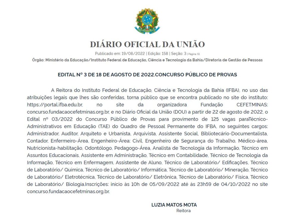 IFBA retifica edital de concurso público para Técnicos