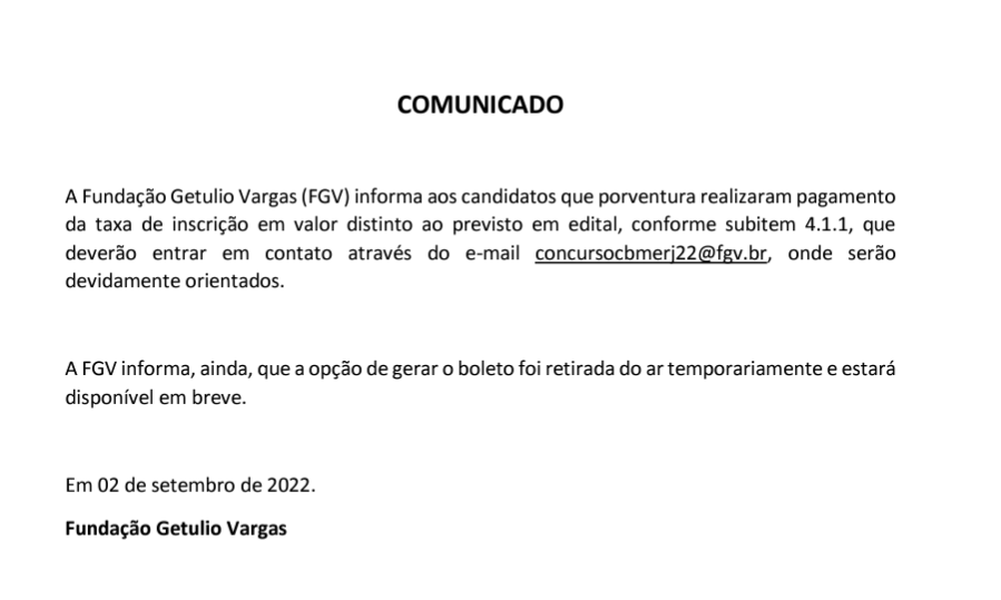 FGV emite comunicado sobre pagamento da taxa de inscrição do concurso Bombeiro RJ