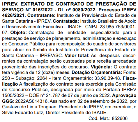 IBADE assina contrato para novo concurso IPREV SC