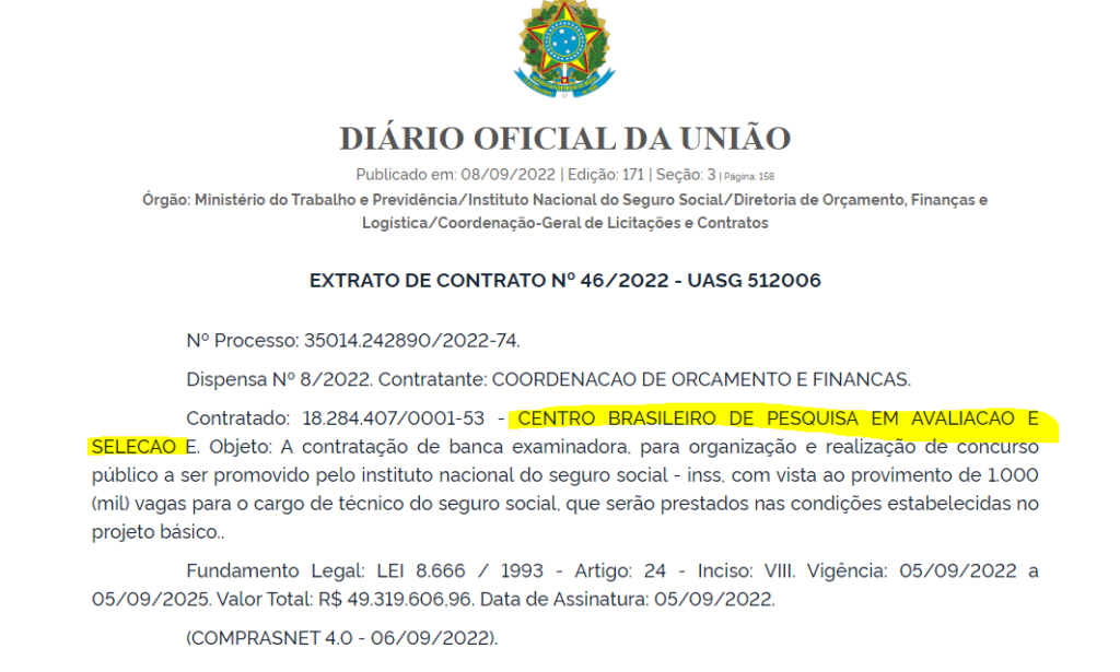 Extrato de contrato do concurso inss 2022