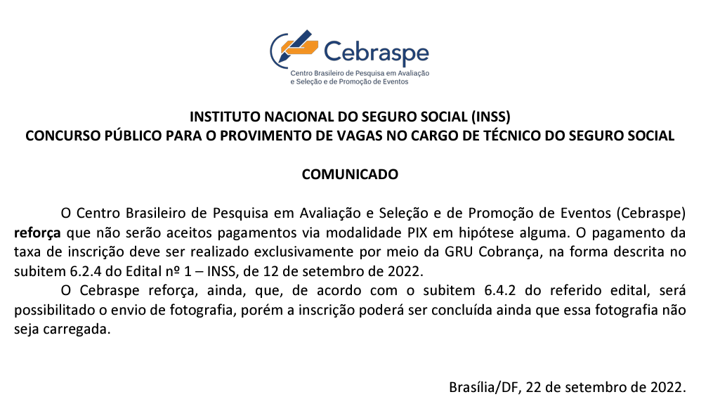 Cebraspe emite comunicado sobre taxa de inscrição do concurso INSS