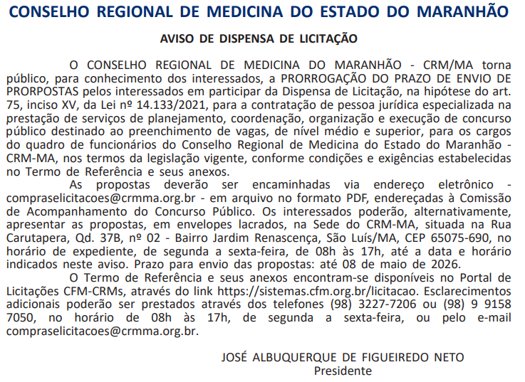 Aviso de licitação do concurso CRM MA