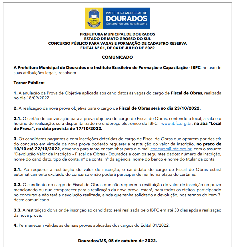 Concurso Prefeitura de Dourados: provas para Fiscal de Obras anuladas