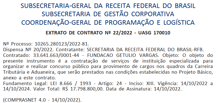 Receita Federal: extrato de contrato publicado