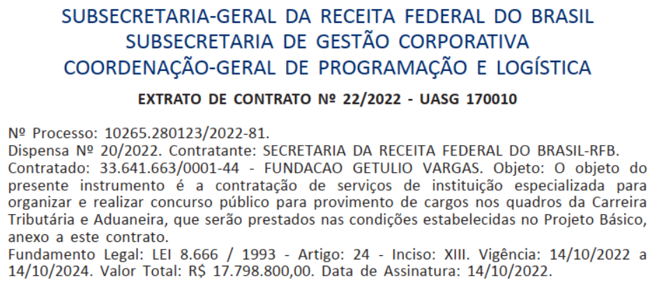 Extrato de contrato do concurso da Receita Federal