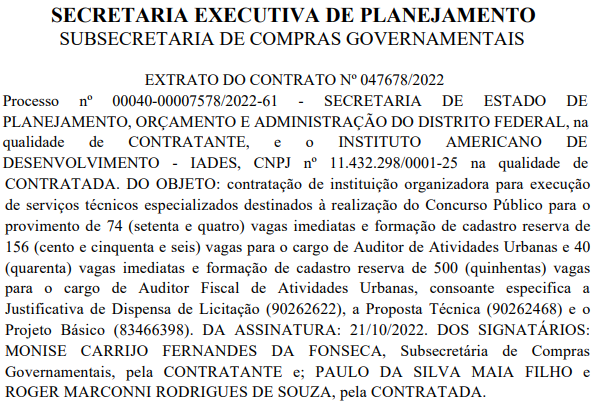 Concurso Auditoria e Atividades Urbanas DF: contrato publicado