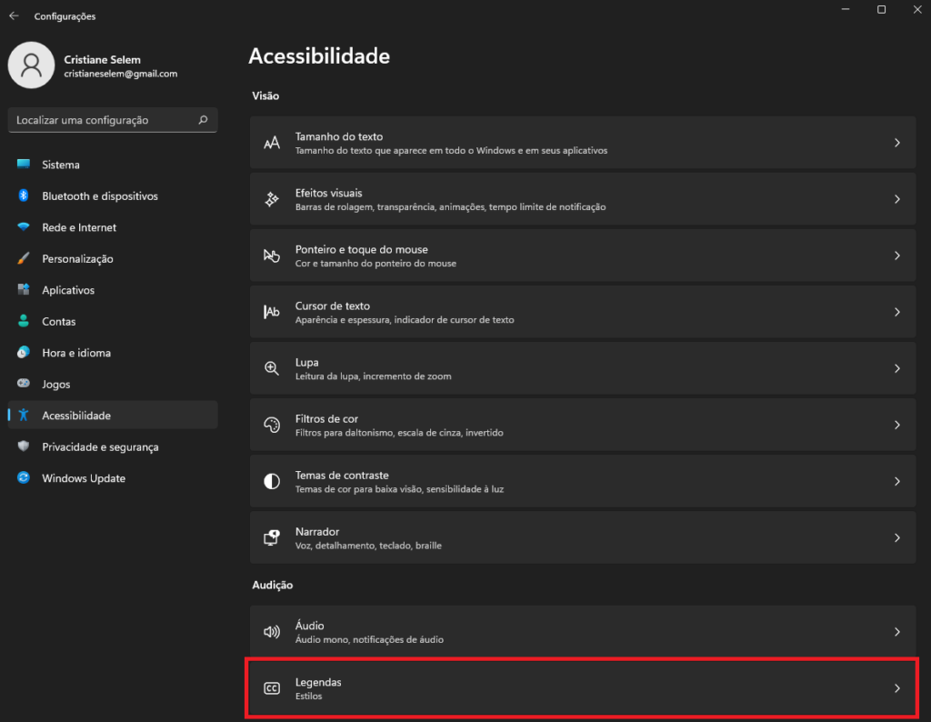 Figura 4 - Ativação de Legendas no Windows 11.