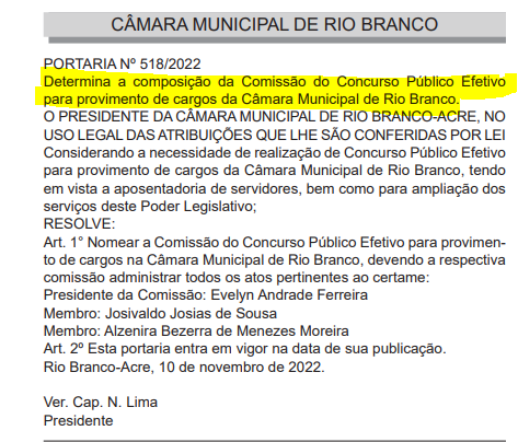 Comissão formada do concurso Câmara de Rio Branco
