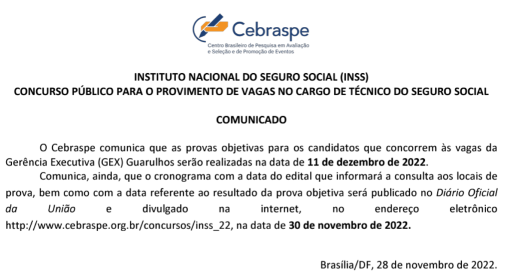 Cebraspe emite comunicado com nova data da prova da Gerência de Guarulhos