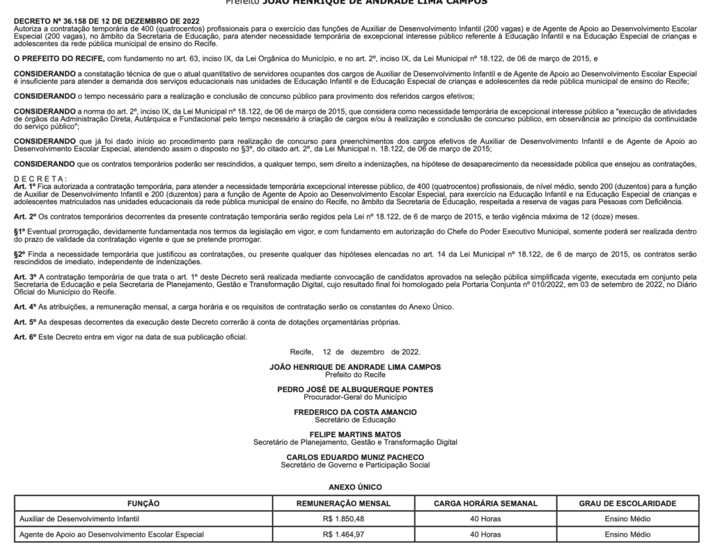 SME Recife: autorização para contratação de 400 vagas temporárias.