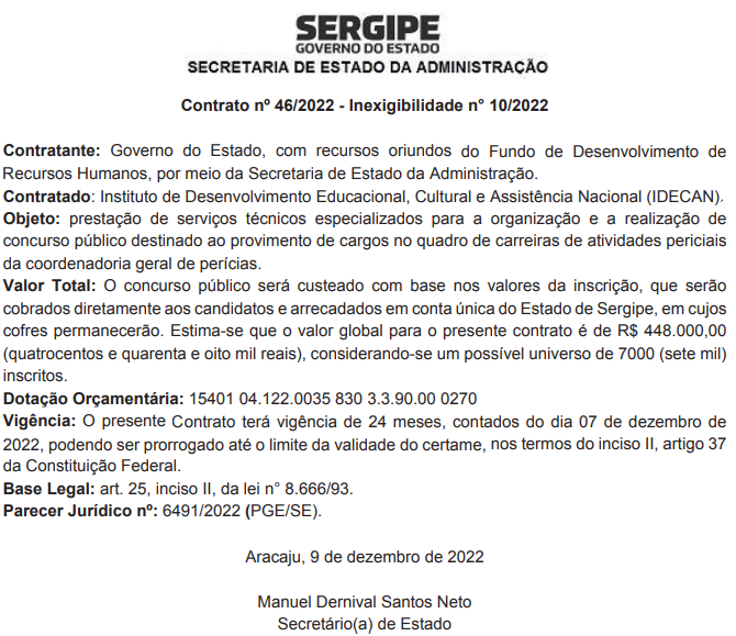 Documento que oficializa a contratação do IDECAN como banca do concurso Perícia SE.