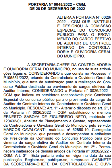 Portaria de alteração na comissão organizadora do concurso CGM Fortaleza