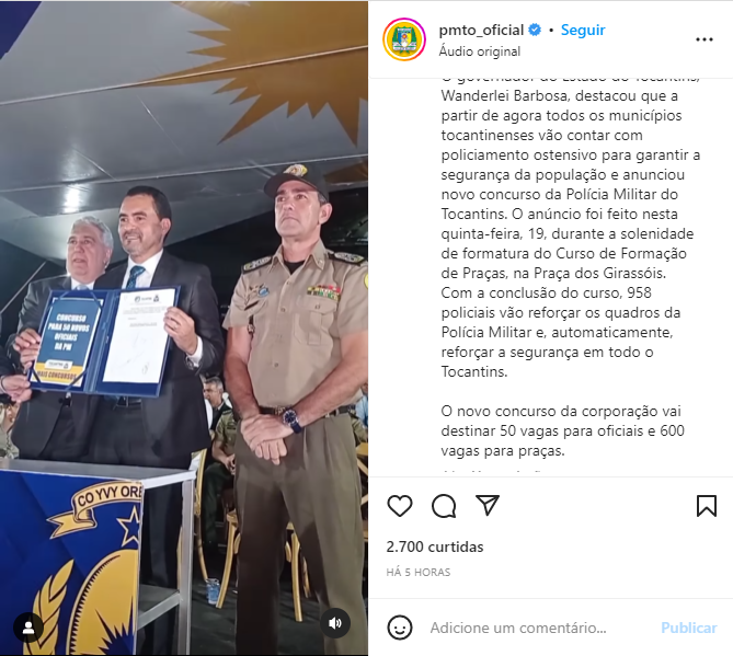 Governador anuncia novo concurso para Polícia Militar TO