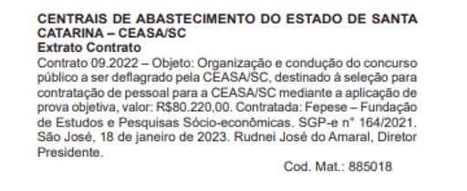 Concurso Ceasa SC: banca assina contrato