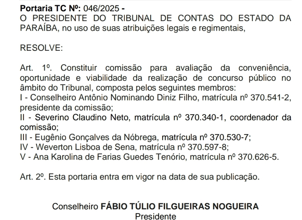 TCE PB institui comissão formada para novo concurso!