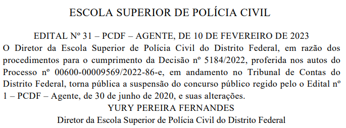 Documento de suspensão do concurso PCDF.