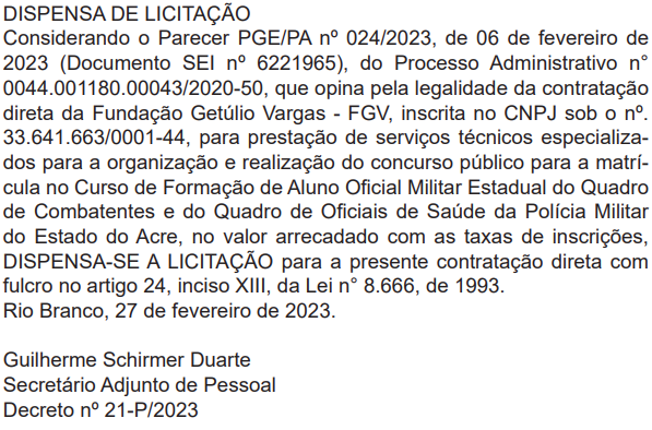 FGV será banca do concurso Polícia Militar Acre (PM AC)