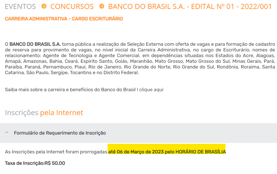 Concurso Banco do Brasil tem inscrições prorrogadas até 06/03