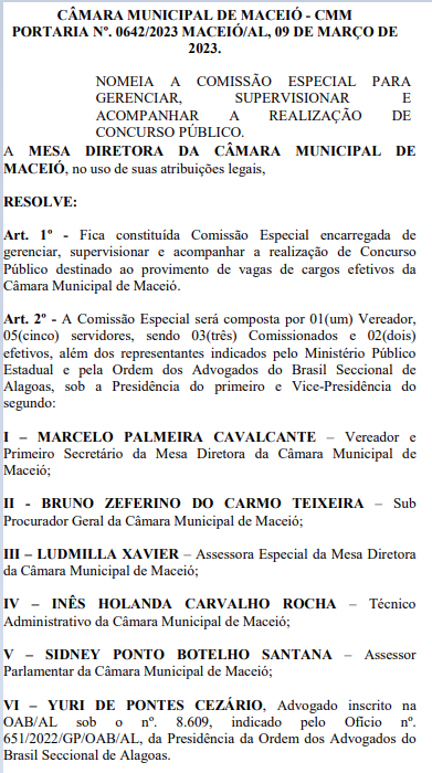 Documento com a lista dos membros da Comissão do concurso Câmara de Maceió.