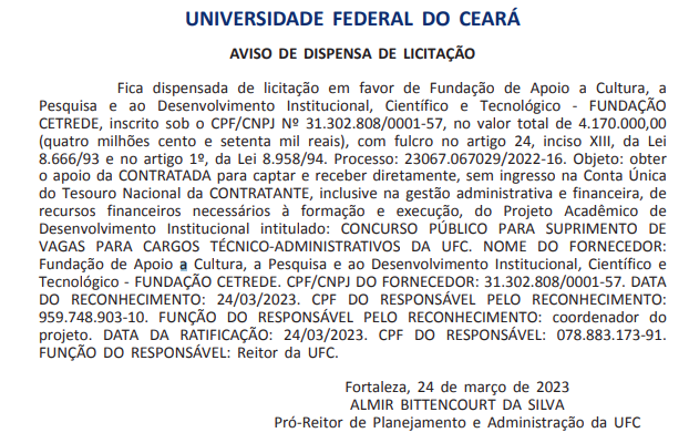 Fundação Cetrede é a banca do novo edital concurso UFC.