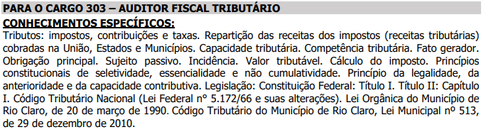 Conhecimentos específicos - auditor fiscal tributário do concurso ISS Rio Claro