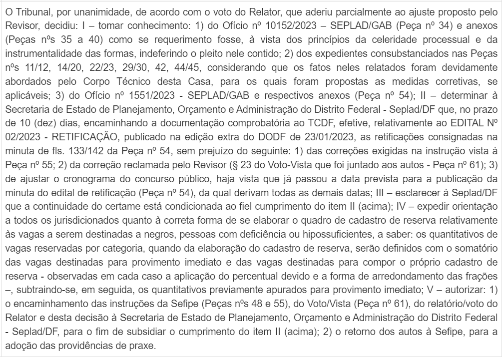 Concurso SES DF: edital retomado | Imagem: trecho da decisão TCDF