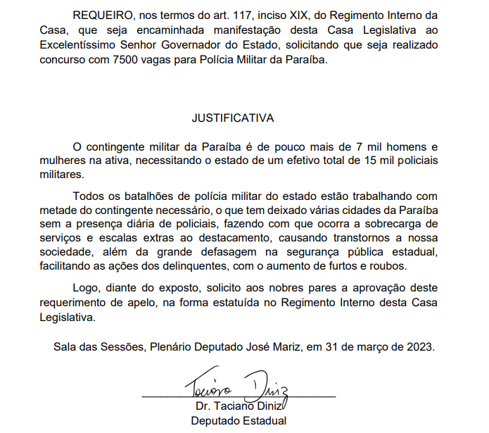 Concurso PM PB: ALEPB aprova requerimento