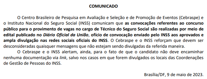 Concurso INSS: Cebraspe alerta para falsas mensagens de convocação
