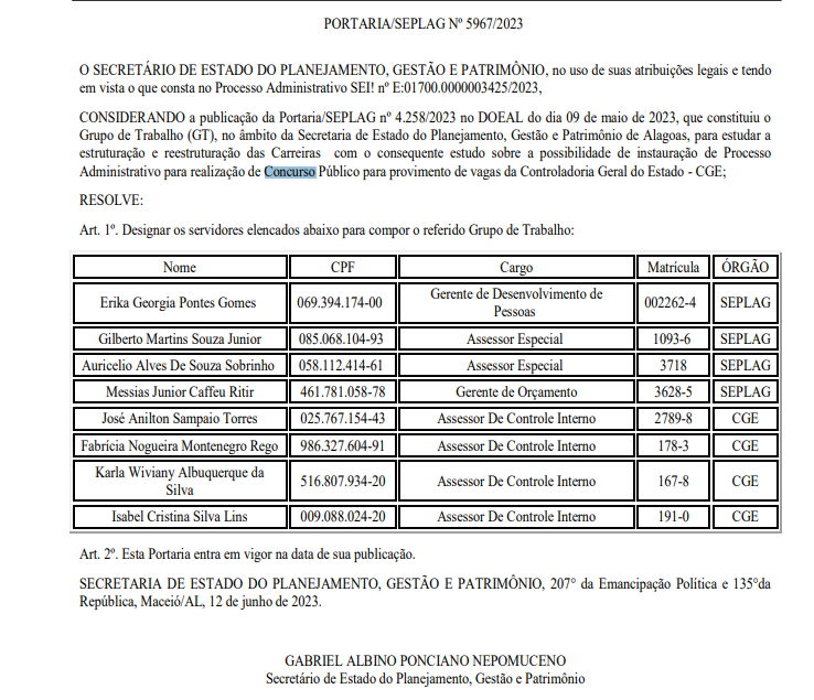 Formado grupo de trabalho para realização do concurso CGE AL