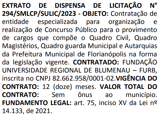 Documento do extrato de dispensa de licitação para contratação da banca FURB