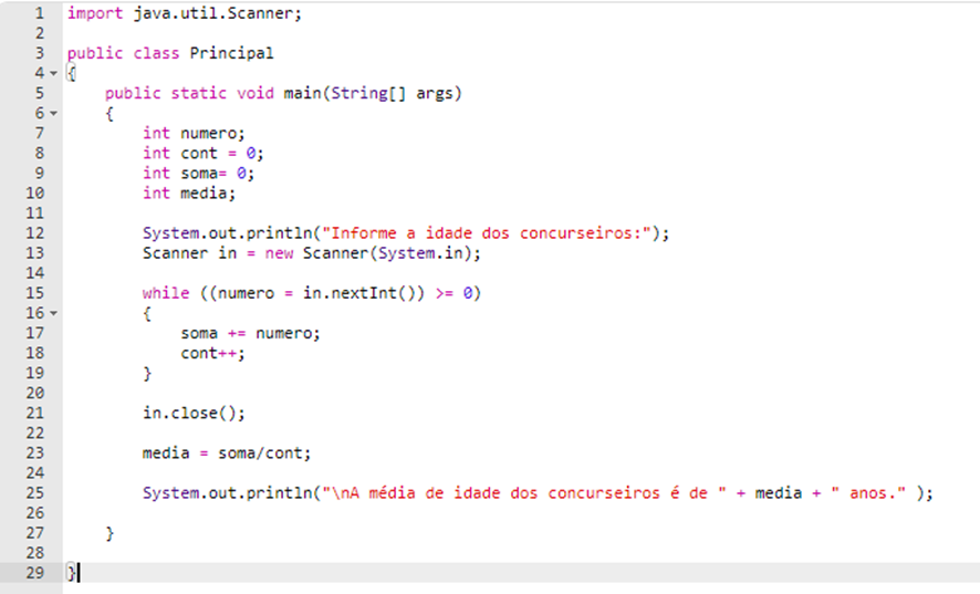 Figura 3 – Exemplo de programa para calcular a média das idades dos concurseiros em uma das linguagens de programação mais conhecidas (Java).