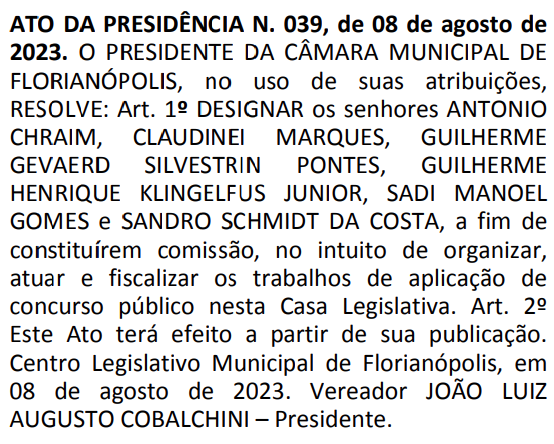 Comissão do concurso Câmara de Florianópolis é alterada