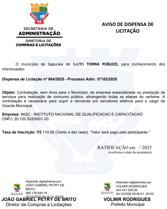 Dispensa de licitação do concurso GCM Sapucaia do Sul RS