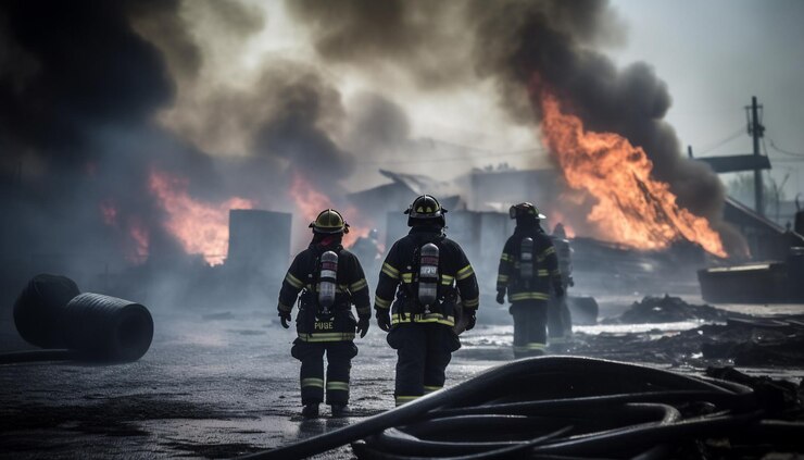 Três bombeiros atuando para apagar incêndio visivel em cidade.