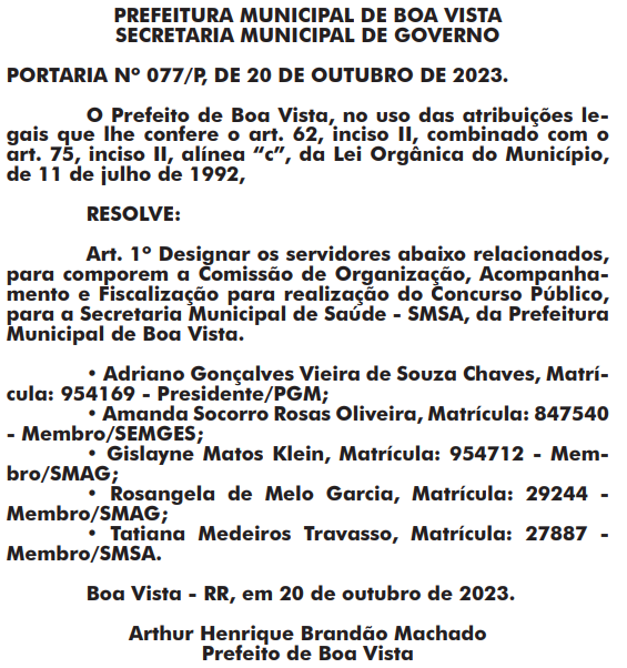 Concurso SMSA Boa Vista: comissão formada