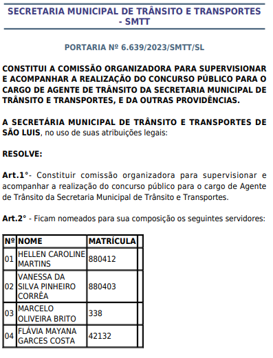Portaria da Comissão formadora concurso da SMTT São Luis