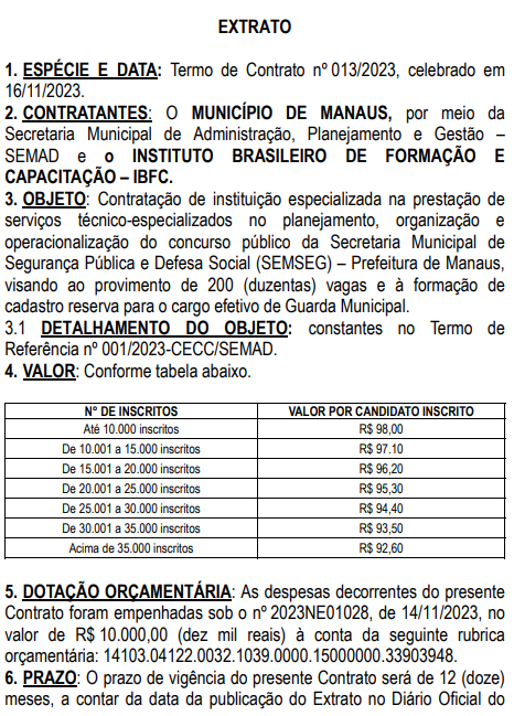 Extrato de contrato do IBFC como banca do concurso Guarda de Manaus